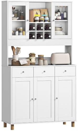 HOMCOM Küchenschrank mit Verstellbaren Regalen 100 x 40 x 180 cm Weiß | Buffetschrank, 4 Türen, Schublade, Vorratsschrank mit Arbeitsplatte, Weinfächern, Hochschrank mit 2 Glastüre