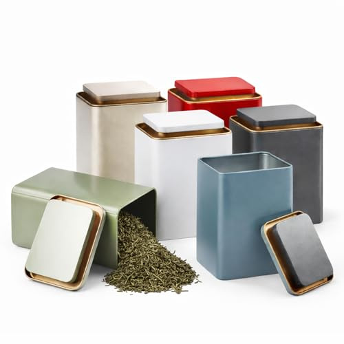 Manyugo 6 Piece Set Tea Coffee Sugar Canisters Set, 6 Colors, 9x7x13cm | Square Shape, Metal, Airtight Storage, Small Tea Tins with Lids
