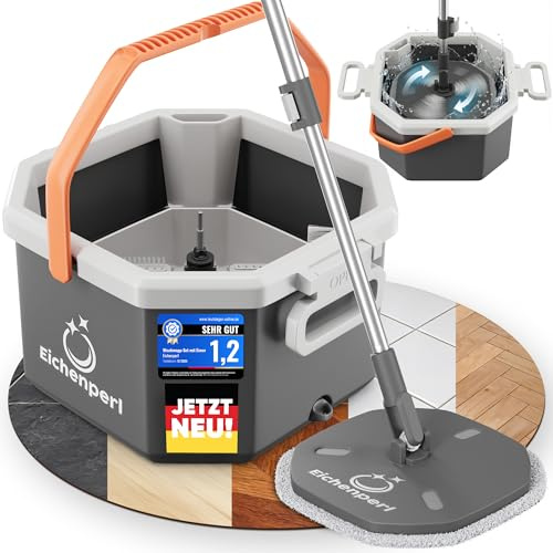 Eichenperl Wischmop Set mit Eimer - 2-Kammer Wischsystem & Bodenwischer mit Auswringfunktion - Schmutzwasser-Trennung, 360° Wischer mit Mikrofaser Pads für Parkett, Laminat & Fliesen
