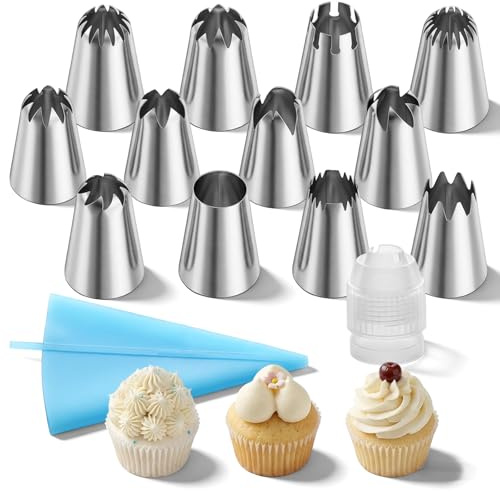 14PCS Piping Bags and Tips Set, Reusable Reusable Piping Bags, 12 Icing Tips, 1 Silicone Rings and 1 Couplers Cake Baking Tools for Cookie Icing Cupcakes Cake Decorating