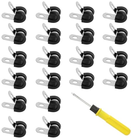 UOCAI 20 Pcs Cable Clamps Pipe Clips Metal Cable Clips P Clips Stainless Steel Rubber with Screwdriver Cushioned R Shape Clamps Rubber Lined Mounting Hose Pipe Clamp for Cord,Wire,Tube (6mm)