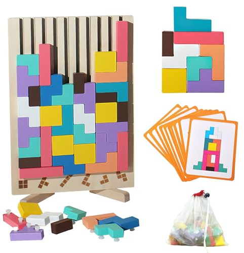 Holz Tetris, Lernspielzeug, Montessori-Spiele 3-6 Jahre, Stapelspiel Puzzle Tetris mit Karte, Kindertagsgeschenk Junge & Mädchen, Geometrische Blöcke, Geschenk für Kinder