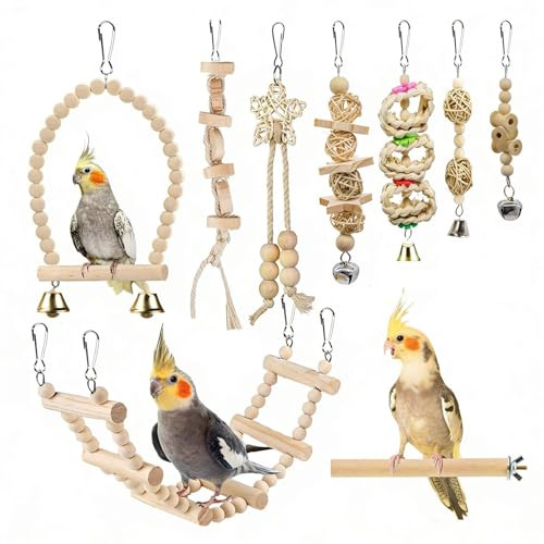 Wuvfojca Juguetes para Pájaros - con y Escalera de Madera - para Aves Grandes | para Jaula Interior cacatúa miná agapornis pinzones enriquecimiento aburrimiento