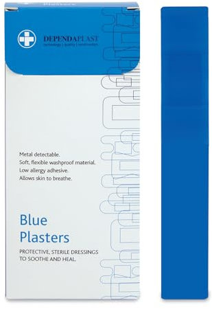 Dependaplast 50 Blue Finger Extension Plasters - 12 cm x 2 cm, Metal Detectable, Washproof, Visually Detectable, Food Safe