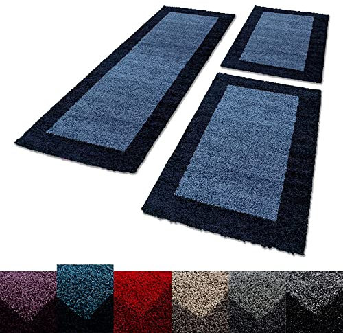 Unbekannt Shaggy Carpet - Tappeto a pelo lungo, 3 pezzi, per camera da letto, corridoio, colore: blu navy, set letto: 2 x 60 x 110 + 1 x 80 x 250 cm