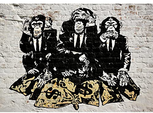 Runa Art Papier peint intissé singes Banksy street art 352 x 250 cm Toison Mur XXL Tableaux Muraux Tapisserie Photo Décoration Murale Salon Chambre Noir et blanc 9150011a