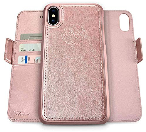 Dreem Fibonacci 2-i-1 plånboksfodral för Apple iPhone X/Xs - Högkvalitativt veganskt läder, magnetiskt, avtagbart och stötsäkert mobilfodral, RFID-betalkortsskydd, 2 stativlägen- Roséguld