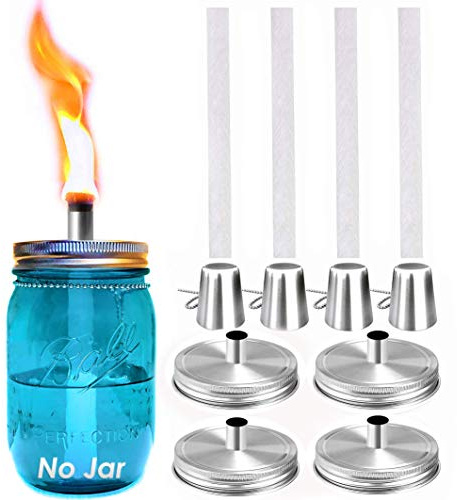 Yitee Mason Jar Tabletop Torch Kits,4 Pack Longlife Fiberglass Wicks,Stainless Steel Mason Jar Lids Caps Included,Outdoor Deck Oil Lamp Torch,Patio Xmas Decor