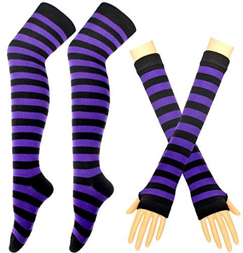 BundleMall Gestreifte lange Strickhandschuhe, kniehohe Streifen, Socken, Leggings, Party-Kostüm, Zubehör, 2 Paar, Schwarz/Violett, One size