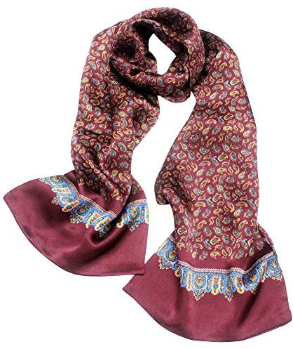PB-SOAR 100% Seide Herren Schal Seidenschal Kravattenschal Seidentuch mit Paisley Muster, Herrenschal aus reiner Seide (Dunkel Rot)