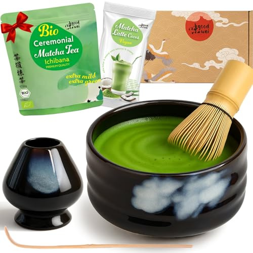 Goodwei Juego de Matcha - 30g Té Matcha Biológico Japonés, Cuenco Ceremonial, Batidor y Soporte (Burashi)