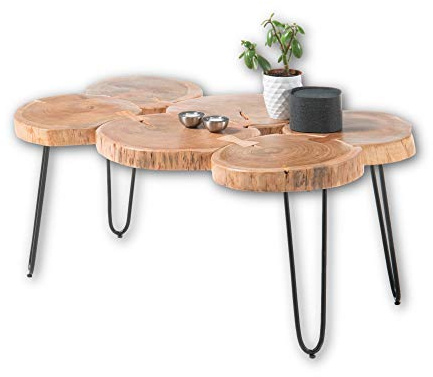 Stella Trading COLE Couchtisch Baumscheibe Akazie Massivholz mit schwarzem Metallgestell - natürlicher Sofatisch für Ihren Wohnbereich - 100 x 45 x 65 cm (B/H/T) | Sofatisch für Wohnzimmer mit schwarzem Metallgestell, Baumstammscheibe lackiert, Massivholz aus Akazie, Industrial Look