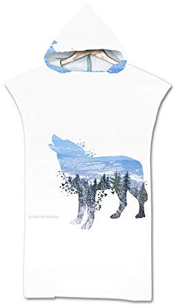 Treer 3D Ozean Muster Strand Poncho Kapuzen, Strandtücher Mikrofaser Bade Bademantel Schwimmen Surfing Sport Handtuch Badetuch Duschtücher Handtücher Für Herren Damen (75x110cm,Weißer Wolf)