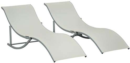 Outsunny 2 Tumbonas Plegables Marco de Aluminio 165x61x63 cm Crema | Tumbonas de Jardín en Forma de S, Texteline, para Piscina Patio Terraza