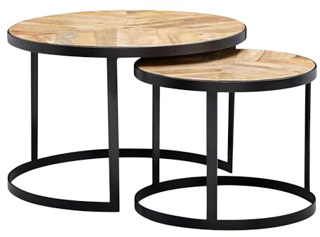 FineBuy Couchtisch 2er Set Rund 60x60x41 cm Massivholz Metall | Beistelltische Industrial mit schwarzen Metallbeinen, Wohnzimmertische aus Echtholz, handgefertigt