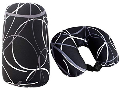 Bookishbunny 2pcs Micro Bead Set U Shaped Neck Travel Pillow 12 x 12 x 4 and Roll Back Pillow Cushion 13 x 7, Various Designs (Black Wave)