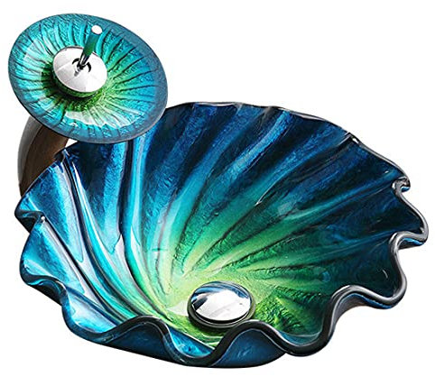 XYEJL Lavabo Vasque en Verre Trempé, Artistique Lavabo Vasque a Poser, Verre Trempé Forme De Coquille Lavabo Lave Mains, avec Ensemble De Drainage, Robinet Cascade