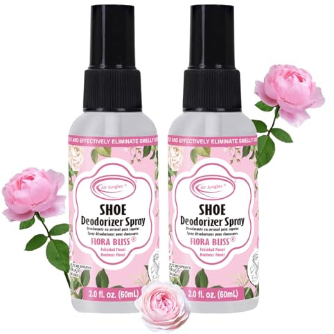 Air Jungles Shoe Deodorizer Spray, Flora Bliss Scent- 2 fl oz (Pack of 2), Odor Eliminator for Sneaker, Boot, Locker and Gym Bag, Smell Remover Footwear Freshener Spray