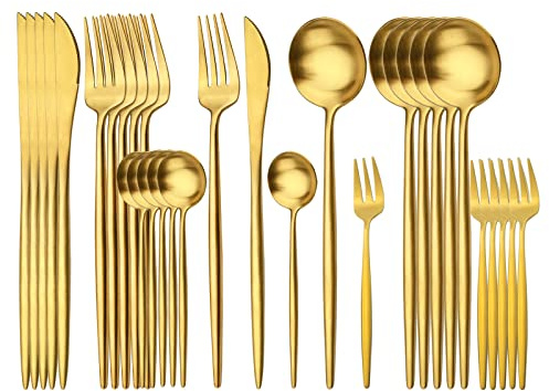 Snplowum Besteck-Set mit rundem Griff, matt, für 6 Personen, 18/10 Edelstahl, für den täglichen Gebrauch, Geschirr, inklusive Kuchengabel, Teelöffel-Set für Zuhause, Restaurant, Party, goldfarben, 30