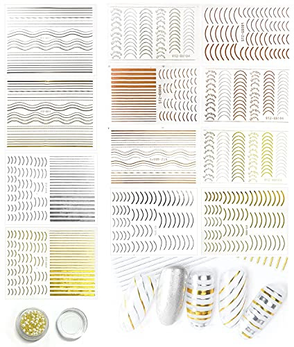 12 Blatt 3D Selbstklebende Nail Art Sticker Gold Silber Kurve Streifen Linie Nagelabziehbild Perle Stahlkugel Ganze Nagel Dekoration, Frauen Mädchen DIY Nagelabziehbilder Design