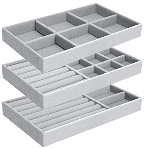 3 Stück Schmuck Tabletts Organizer, Stapelbar Schmuckkästchen Aufbewahrung Box für Ringe Ohrstecker Brosche Armband Kette Uhr Anhänger Ring Display Organizer aus Samt Schmuckschatulle Damen Mädchen