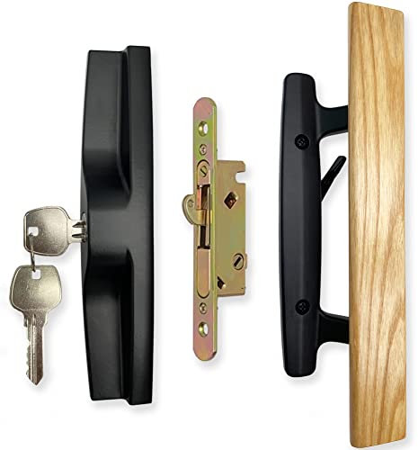 ALLYWASAI Sliding Patio Door Handle Set with Mortise Lock, Key Cylinder and Face Plate, Wood Handle Lock Set Fits Door Thickness from 1-1/2 to 1-3/4, 3-15/16 Screw Hole Spacing, Black