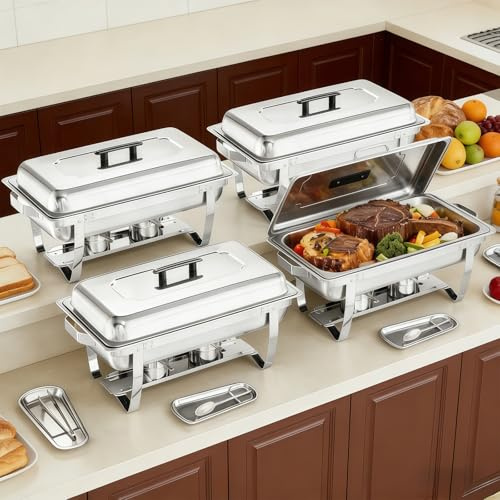 Chafing Dish Buffet Set 4 Packs,9 Quart Stainless Steel Foldable Rectangular Chafing Full Size Food Pan,Chafing Servers With Covers buffet servers and food warmers for parties wedding outdoor banquet
