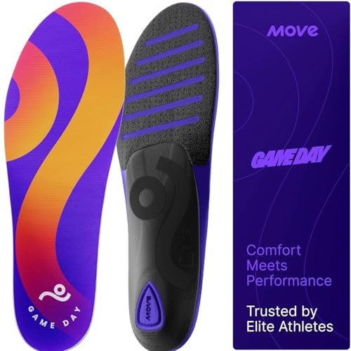 Move Game Day Performance Insoles - for Plantar Fasciitis, Arch Support, Basketball, Active Lifestyle, Running, and Athletics - Composite Heel and Reactive Stability (M 7-7.5 / WM 8.5-9)