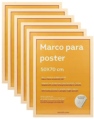 Nacnic - Confezione da 6 cornici in legno MDF chiaro e vetro acrilico | protezione e espositore, fogli, manifesti, quadri e decorazione per soggiorno, camera da letto o ufficio | 50 x 70 cm