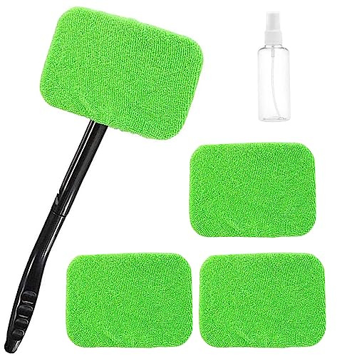 thirei Windschutzscheibenreiniger, Auto Scheibenreiniger mit 4 Mikrofaserpads, Mikrofaser Reiniger Schwenkbar, Auto Fensterwischer Kit, Autowaschbürste, Teleskopstiel Set