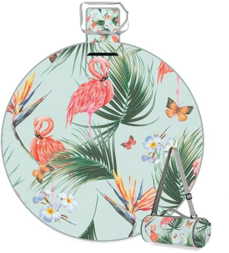 Flamingo Tropische Palme Blume Runde Picknickdecke Tropisch Wasserdicht Faltbar Indoor Outdoor Matte Teppiche für Strand Camping Park Familientreffen Aktivitäten