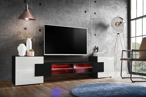 Komodee, Meuble Banc TV Merano, Noir Noir Blanc, Largeur 230 cm x Hauteur 52,5 cm x Profondeur 35 cm, LED RGB, pour Salon, Chambre