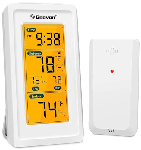 Geevon Indoor Outdoor Thermometer Wireless Digital Hygrometer Temperature Gauge with Time, 200ft/60m Range Temperature Humidity Sensor (151 White No Batterires)