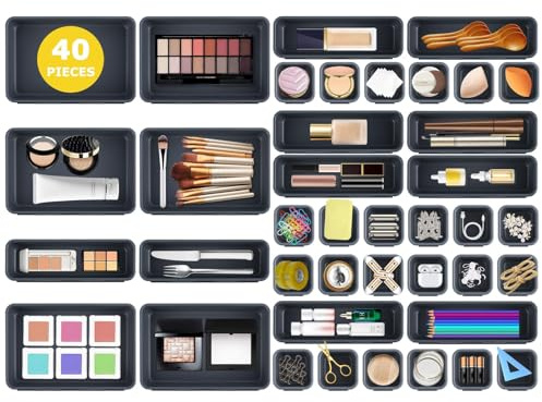 40 stycken lådor organisatör kontor organisationssystem, förvaringslåda, lådor arrangör kök, 3 storlekar, halkfri organisatörslåda för skrivbord, badrum, kontor, redskap