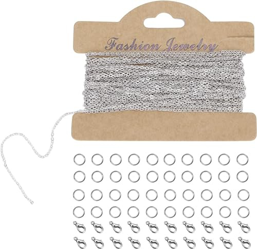 MOLENCO Schmuckkette 1,5mm x 10m, Gliederkette Meterware Silber | mit 20 Karabinerverschluss und 40 Biegeringe, Einstellbare Länge für DIY Armband Kette Schmuckherstellung