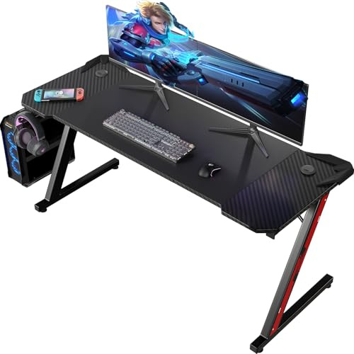 Devoko Gaming Tisch 160 x 60 cm, Z-Frame Gamer Schreibtisch mit Kopfhörerhaken & Getränkehalter, Kohlebeschichtung Ergonomischer PC Computertisch, Stabiler Tisch
