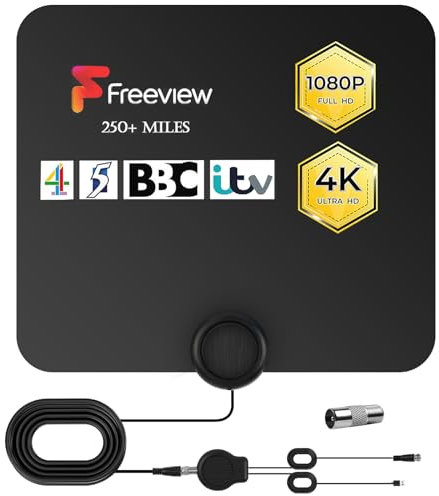 AXFEE Antenna TV digitale, ricezione a 360° a lungo raggio di oltre 250 miglia, supporto antenna TV interna ultra sottile aggiornata 4K 1080p HD VHF UHF per tutti i TV, antenna TV amplificata Freeview