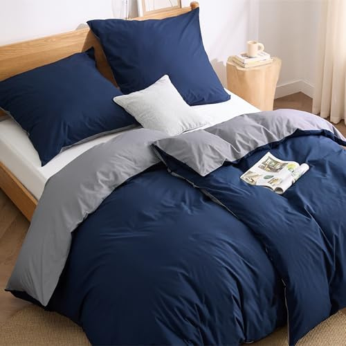 BEDSURE Parure de lit 135 x 200 coton 4 pièces - Ensemble de literie Bleu Gris Housse de couette réversible 135x200cm 2 pièces avec 2 taies d'oreiller 80x80 cm, Oeko-TEX Housse de couette bicolore
