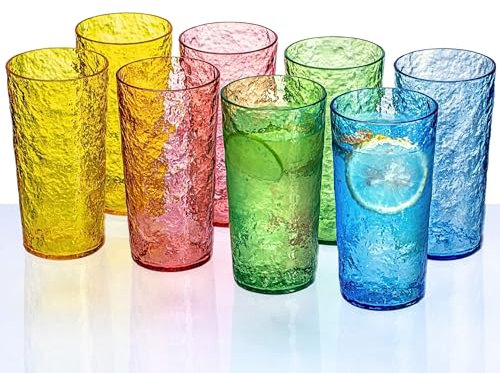 MIYOPESI 26oz Acrylic Glasses Drinkware (Set of 8), Ice-carved Design Unbreakable Plastic Cups, Reusable Plastic Drinking Glasses, Stackable, BPA-Free, Dishwasher-Safe (Multicolor)
