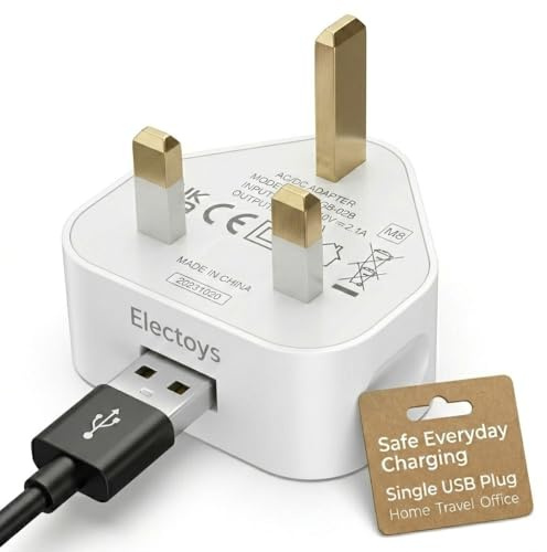 Electoys Universal 3-Pin UK Plug - USB Mains Charger Adapter 5V/1A Compatible With iPhone 11, X, 8, 7, Samsung, Huawei, MP3 Players (White)