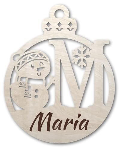 Urhome Weihnachtskugel personalisiert mit Wunschtext Gravur Buchstabe M mit Schneeman Motiv Hell Braun - Ornament Christbaumschmuck Weihnachtsdeko Weihnachtsbaum Anhänger aus 6,5mm Holz