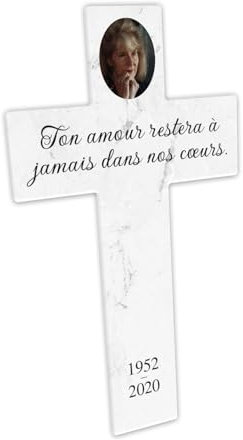OCAP-FUNERAIRE.COM Croix Funéraire personnalisable en plexiglass avec photo ? motif marbre blanc, 12x20 cm