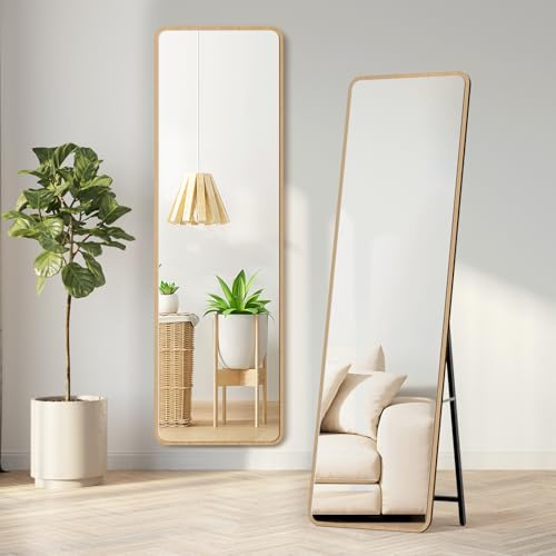 Warmiehomy 160X50cm Wooden Frame Full Length Mirror, Rectangular Standing Full Body Mirror, Hanging or Leaning Against Wall for Bedroom Cloakroom Living Room, Natural