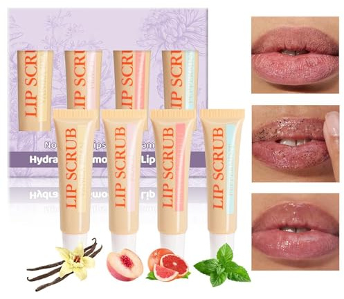 Lot de 4 gommages à lèvres - Exfoliant pour les lèvres - Hydratant - Produits de soins des lèvres - Kit de gommages à lèvres - Exfoliant pour lèvres sèches et craquelées