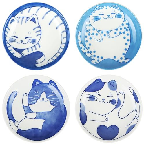 Iceten Japanese Style Ceramic Dipping Bowls Set, Soy Sauce Dish with Cute Cat, Small Dipping Bowls, Tapas Dishes, Round Soy Sauce Dipping Dishs for Sushi,Sauce,Snack Appetizer,Dessert - 4Pcs/4 Inch