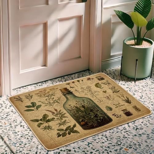 Herbal Vintage-Fußmatte, grüne Apotheker-Flasche, Fußmatte für Innen- und Außenbereich, rustikale Dekoration, rutschfest, wasserabweisend, staubabsorbierend, leicht zu reinigen, 73 x 43 cm