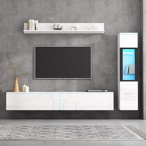 entapuk Murale TV 3 Pièces, 180 * 33 * 30cm, Éclairage LED Blanc Brillant Banc TV Ensemble De Meubles De Salon Unité Murale Avant Blanc 1 X Meuble TV, 1 X Vitrine De Salon, 1 X Étagère Suspendue