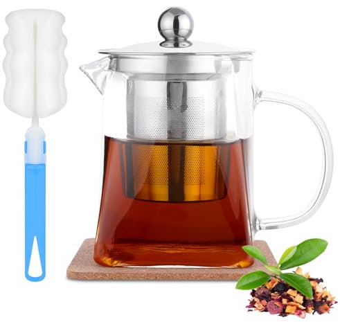 HOTUT Tetera de Vidrio Transparente, 550ml Tetera de Cristal Infusor de Acero Inoxidable Resistente al Calor, Tetera de Vidrio con Filtro Infusor de Acero Inoxidable, para Té Café