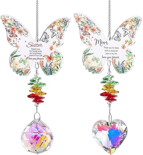KBRPEY 2 Pezzi Carillon Vento Farfalla Decorativo Cristallo Prisma Pendente Sospeso Ornamento Famiglia Messaggio Affettuoso