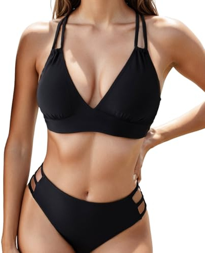 Wisebom Costume da Bagno Donna, Costumi Push Up Scollo a V Top Bikini Vita Alta Due Pezzi Bikini Set Sexy Regolabile Spiaggia Swimwear (IT, Testo, M, Regular, Regular, Nero)